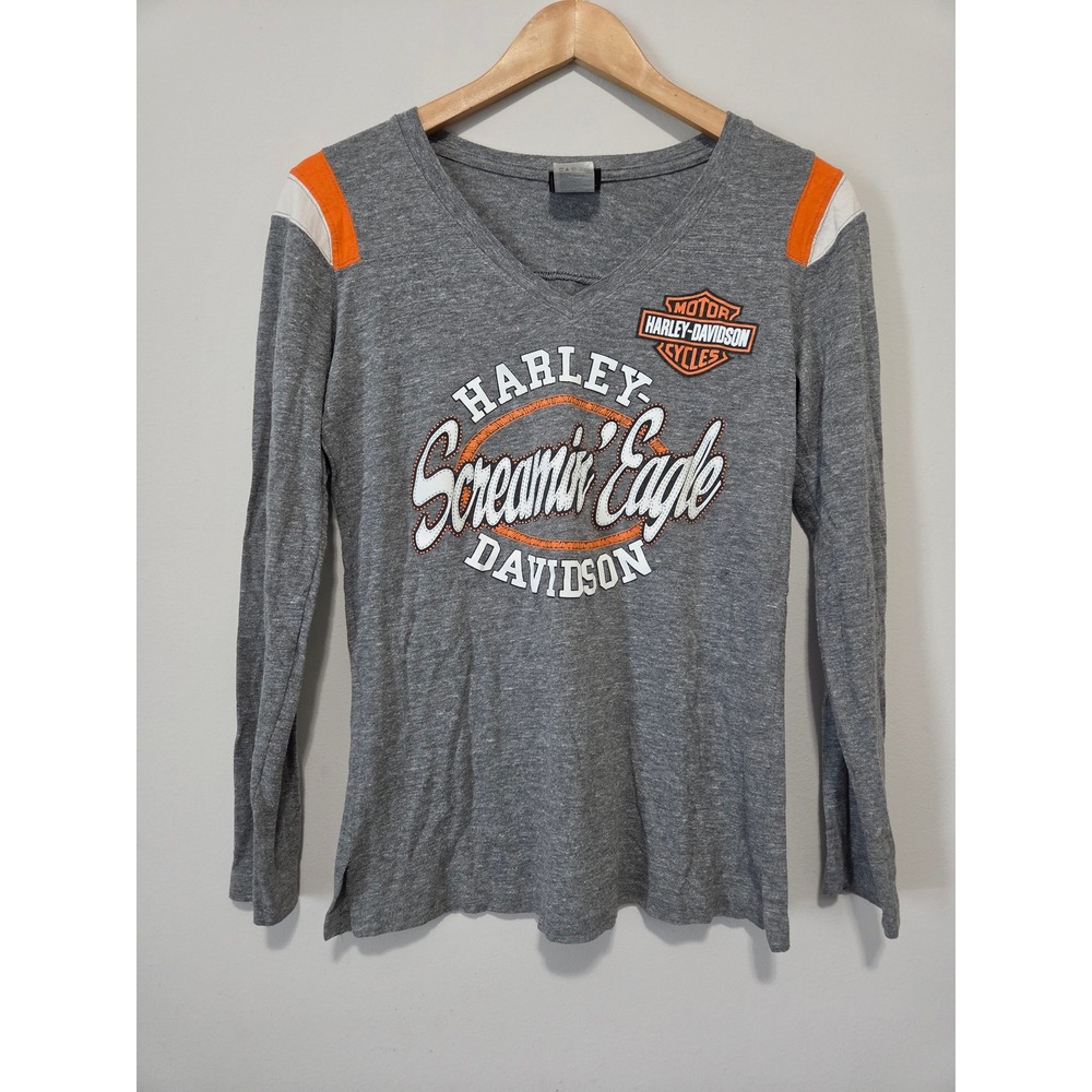Harley Davidson Screamin Eagle Long Sleeve V-Neck Graphic T-Shirt Gray Womens M